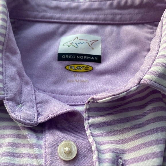 Greg Norman Light Purple Mauve Stripped Collared Play Golf T Shirt Mens Size M - Picture 2 of 4